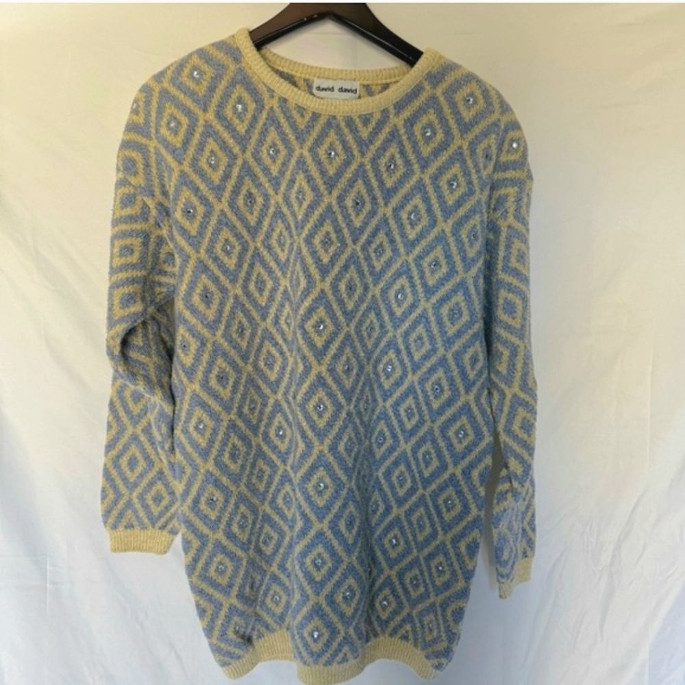 Vintage David David Diamond Knit Sweater Blue Gold Sequin Pullover Medium